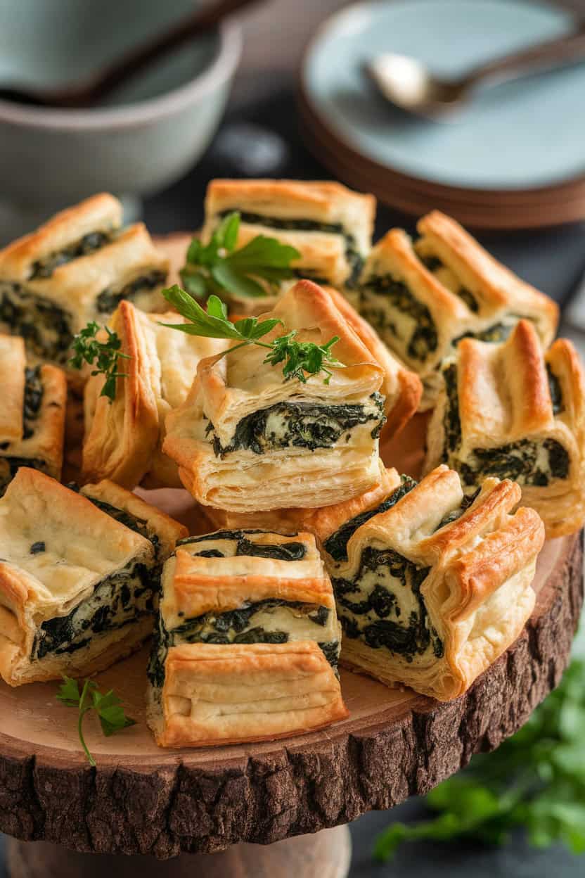 A close-up view of flaky spinach and feta puff pastry bites arranged on a wooden platter.