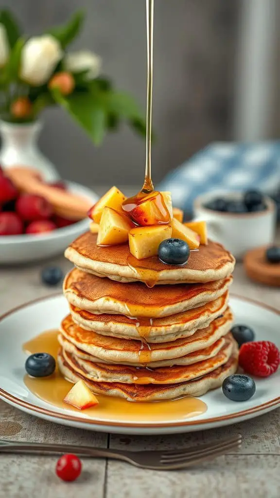 A stack of fluffy flour-free cottage cheese pancakes topped with fruit and syrup.