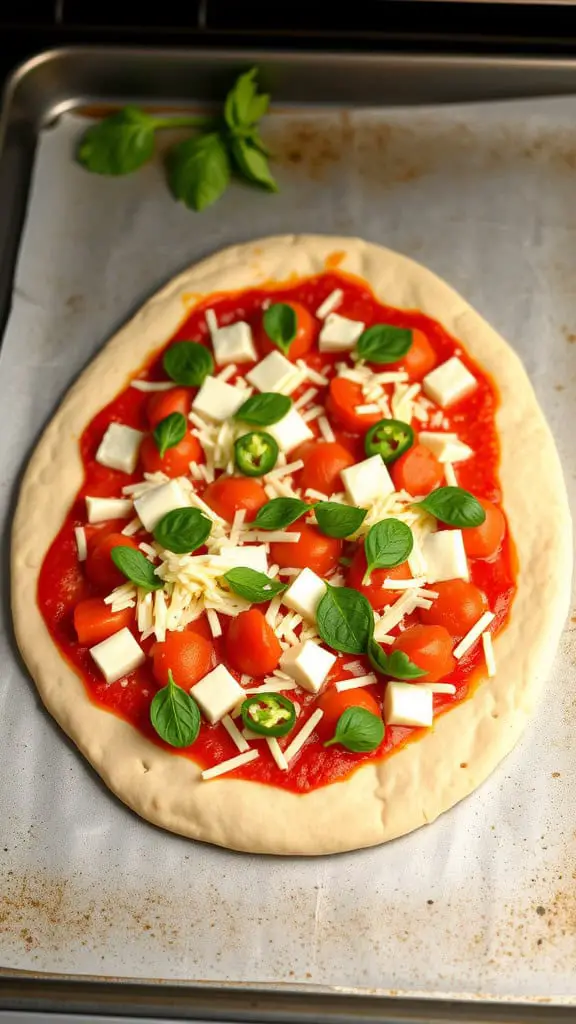 Fluffy naan pizza base topped with tomato sauce, cheese, and fresh vegetables.