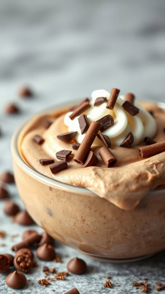 A bowl of fluffy coffee chocolate mousse topped with whipped cream and chocolate curls, surrounded by chocolate chips.