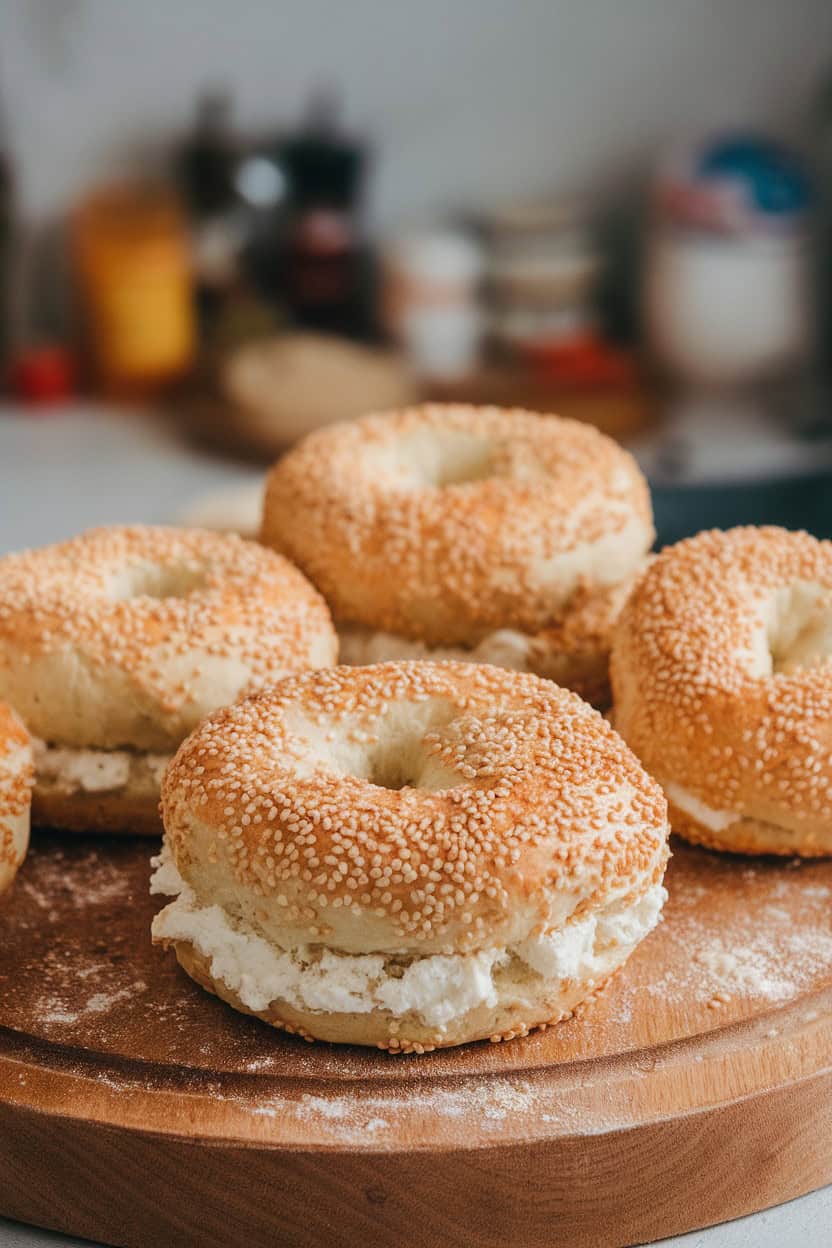 Freshly baked cottage cheese bagels with sesame seeds on a wooden board.