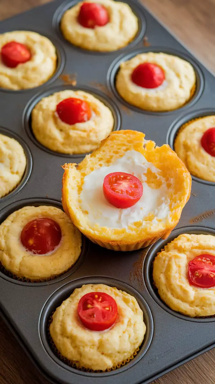 A tray of fluffy egg muffins with cherry tomatoes, one muffin cut open to display a creamy interior.