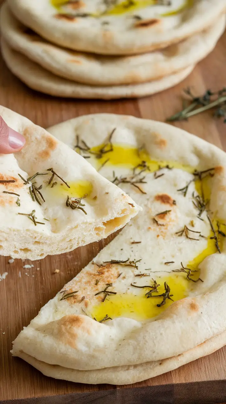 Fluffy Greek yogurt flatbread with olive oil and herbs, being pulled apart to show its soft texture.