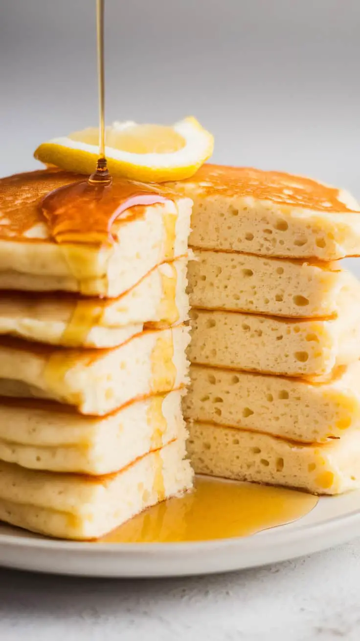 Stack of fluffy pancakes topped with syrup and a lemon slice