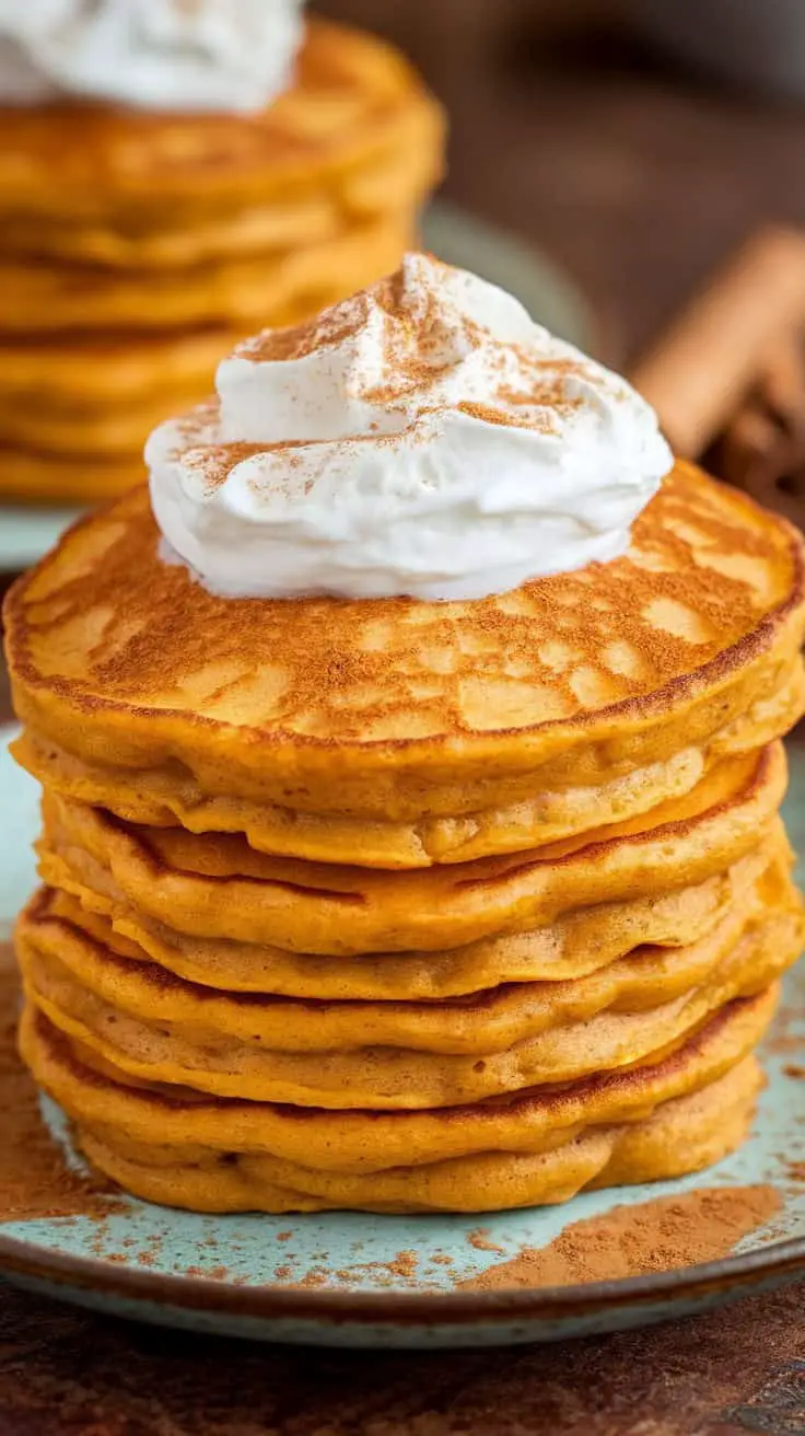 Stack of fluffy pumpkin pancakes topped with whipped cream and cinnamon