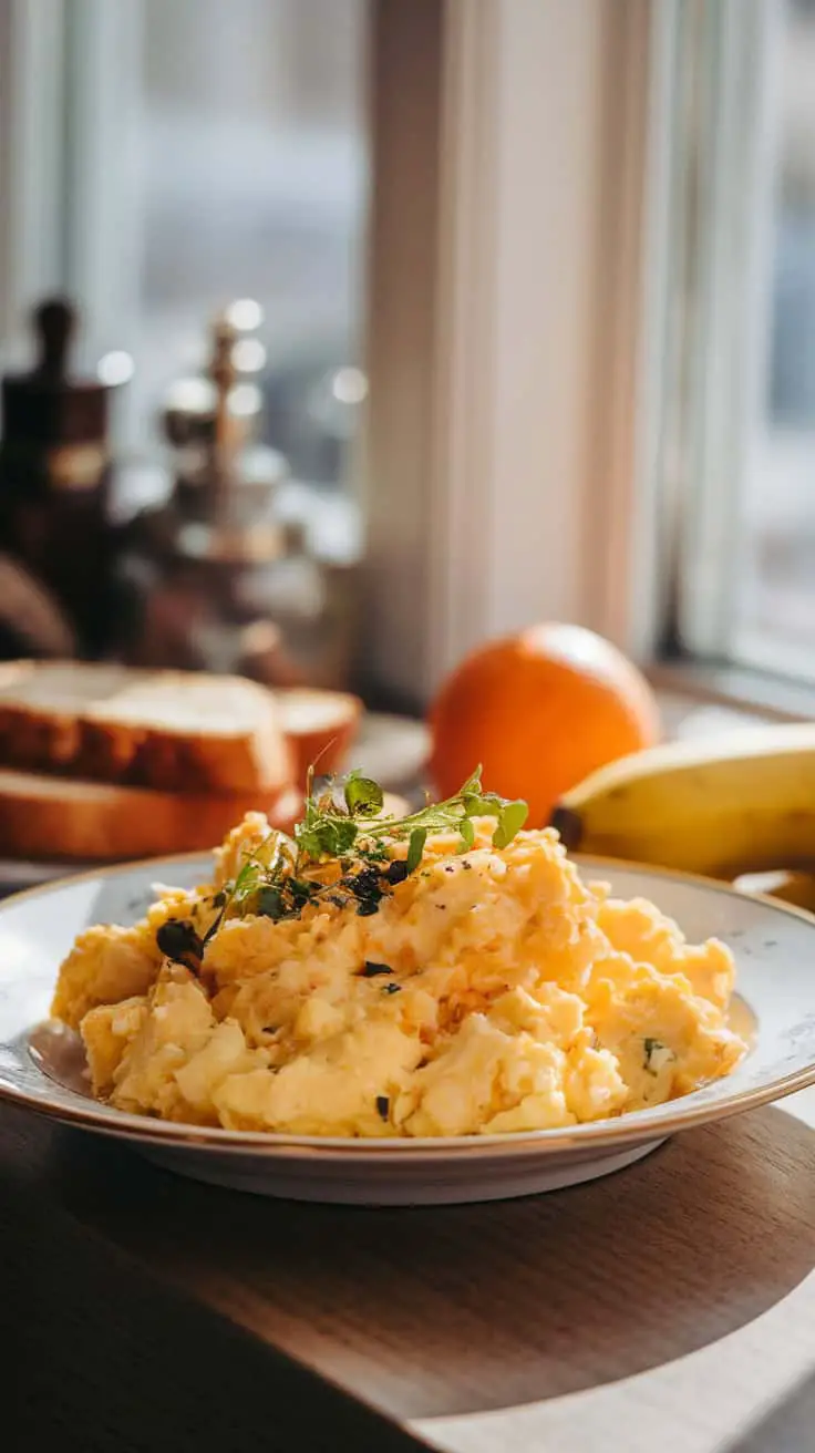 A plate of fluffy scrambled eggs garnished with herbs, with toast and fruits in the background