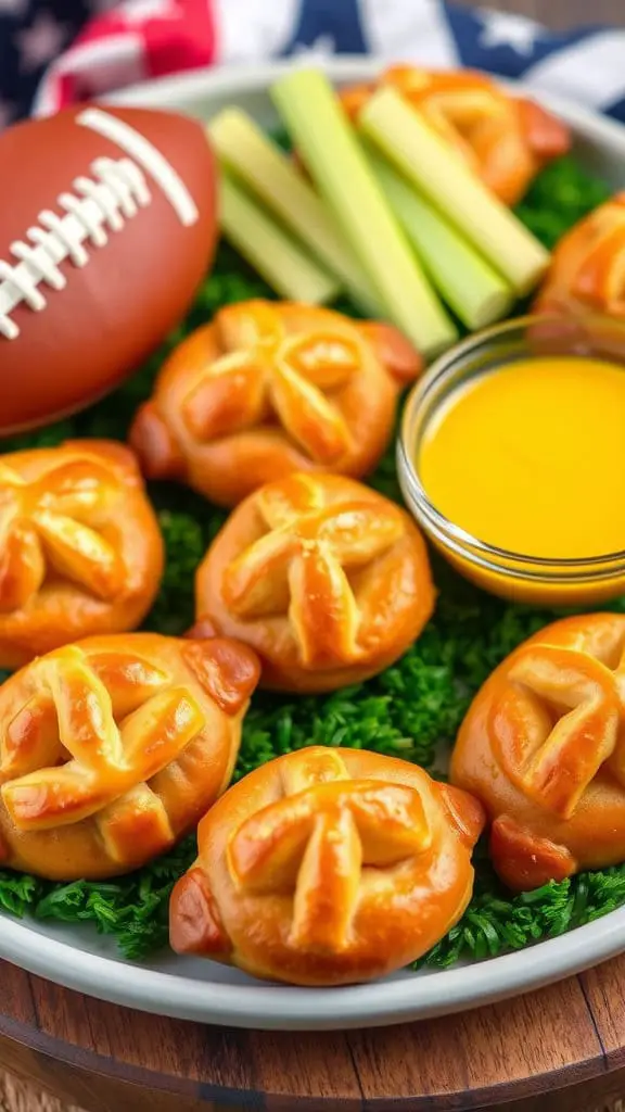 Plate of football-shaped soft pretzel bites with celery sticks and cheese dip, alongside a football.