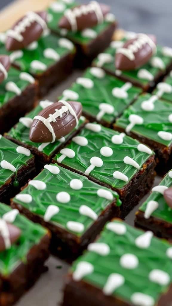 Football Field Brownie Bites decorated with green frosting and chocolate footballs on top