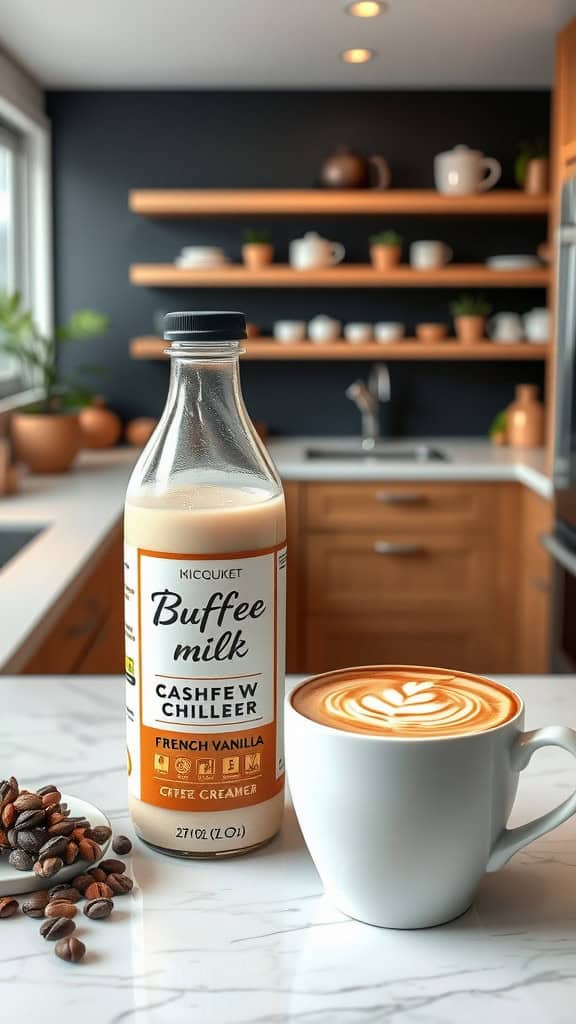 Bottle of French Vanilla Cashew Milk Coffee Creamer next to a cup of coffee with latte art and coffee beans on a kitchen countertop.