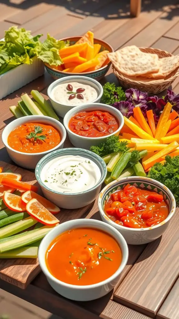 A colorful Mediterranean spread featuring fresh vegetables, dips, and pita bread.