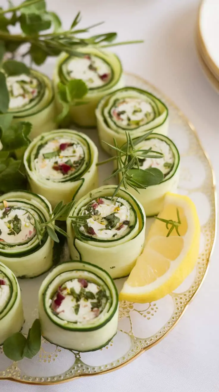 A plate of cucumber herb pinwheels garnished with lemon slices and fresh herbs.