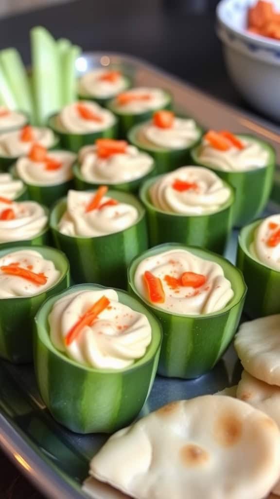 Fresh cucumber cups filled with hummus and topped with red pepper slices