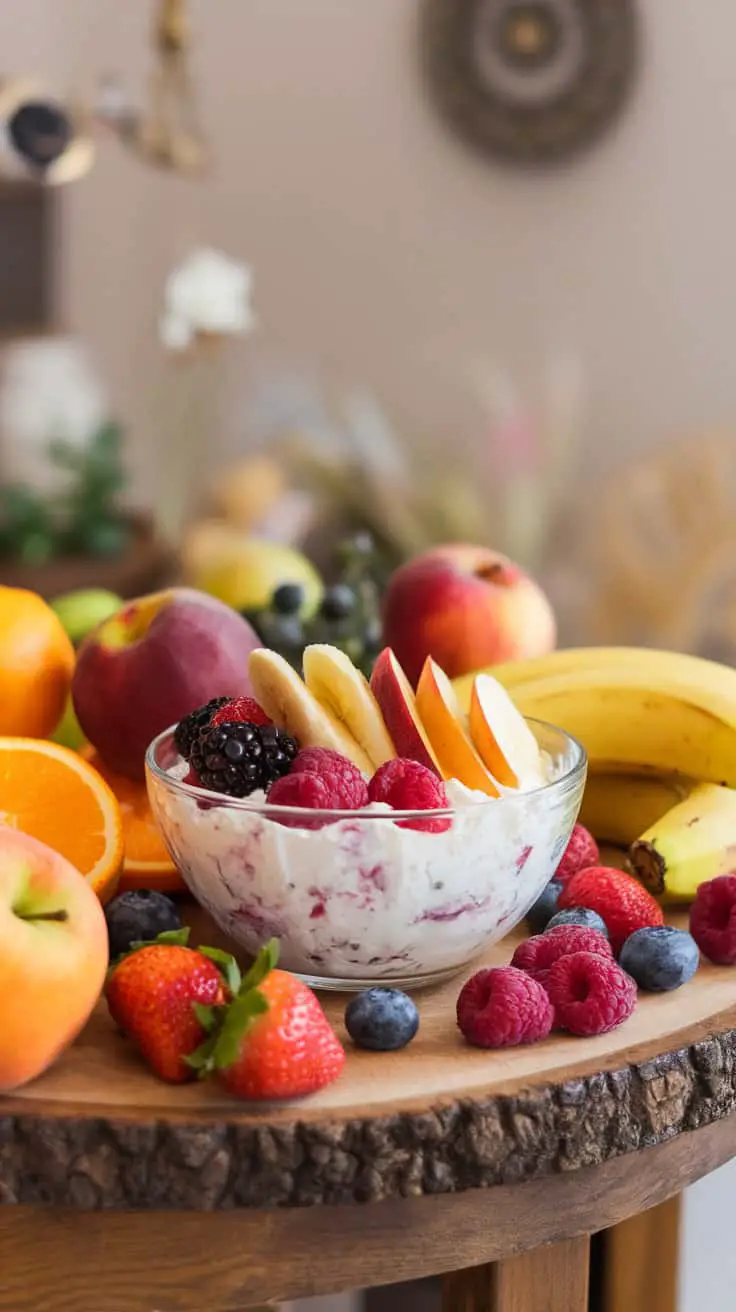 Bowl of cottage cheese topped with various fruits like strawberries, blueberries, raspberries, sliced bananas, and peaches, surrounded by additional fruits on a wooden table.