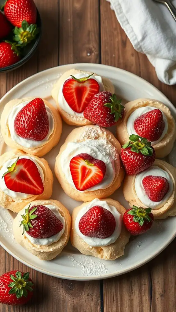 A plate of strawberry cream puffs topped with fresh strawberries on a wooden table.