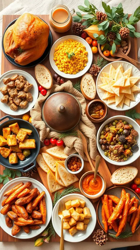 A beautifully arranged Friendsgiving feast board with turkey, sides, and festive decorations.