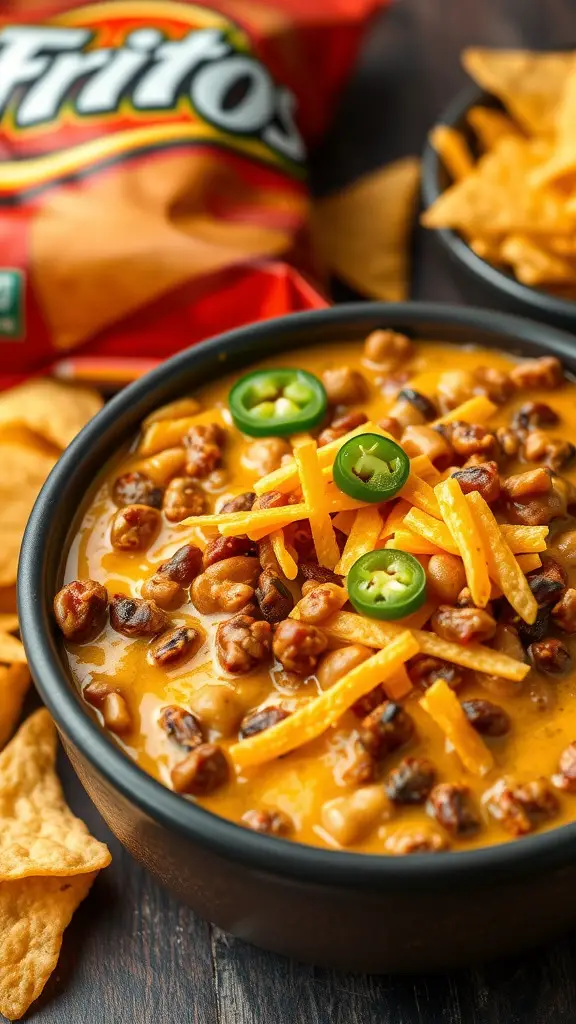 A bowl of Frito Pie Chili Cheese Dip topped with jalapeños and cheese, surrounded by Fritos and tortilla chips.