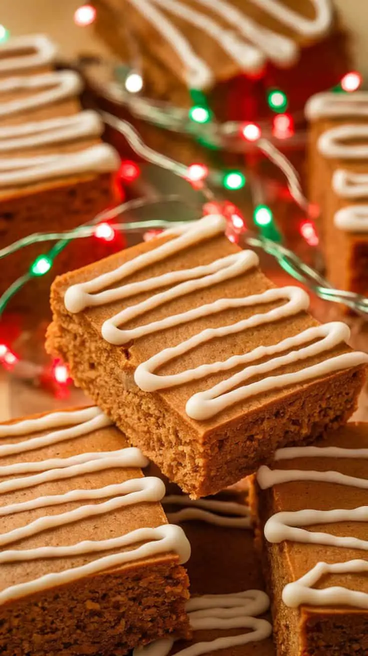 Frosted gingerbread cookie bars topped with cream cheese icing, surrounded by colorful holiday lights.