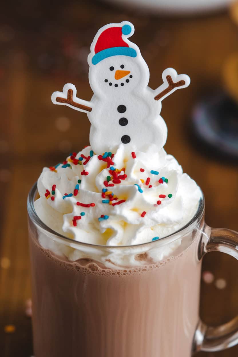 A mug of hot cocoa topped with whipped cream, a snowman topper, and colorful sprinkles