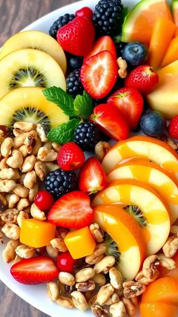 A vibrant fruit and nut platter featuring kiwi, peaches, strawberries, blueberries, and mixed nuts.