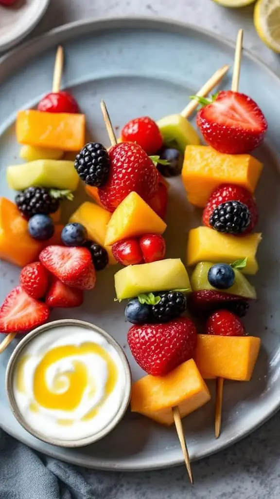 Fruit kabobs with berries and melon alongside a honey yogurt dip