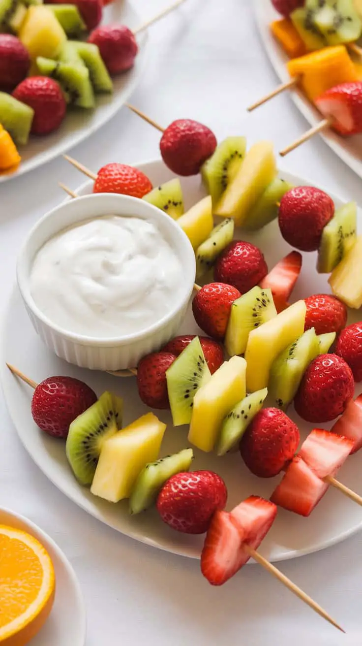 Colorful fruit kabobs with yogurt dip on a white plate