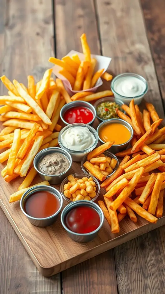 A wooden board filled with various types of fries and a selection of dips.