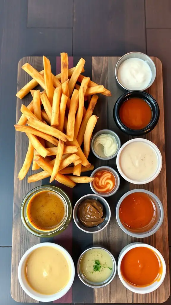 A wooden board featuring crispy fries surrounded by various dipping sauces.