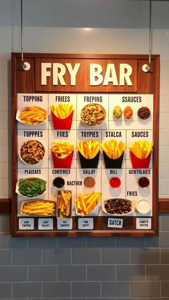 Fry Bar Experience Board displaying a variety of fries, toppings, and sauces.