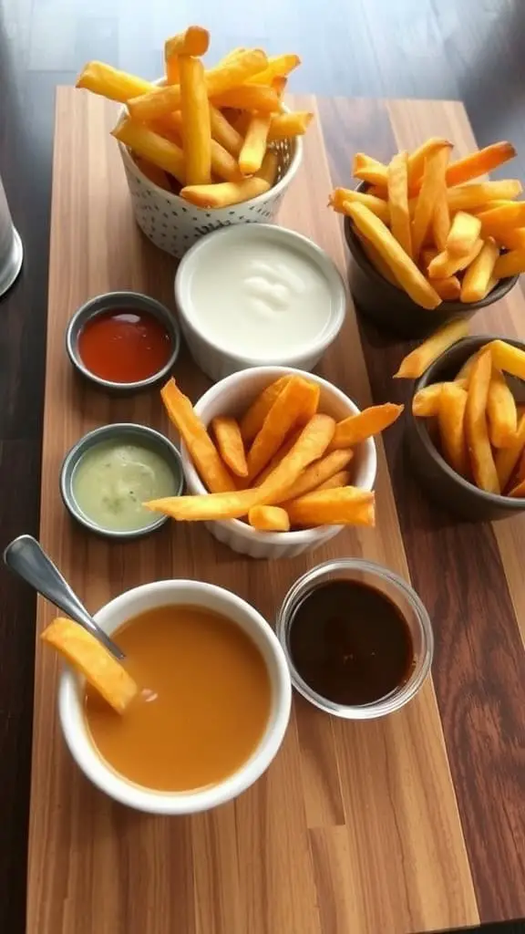 A wooden board featuring various fries and dipping sauces