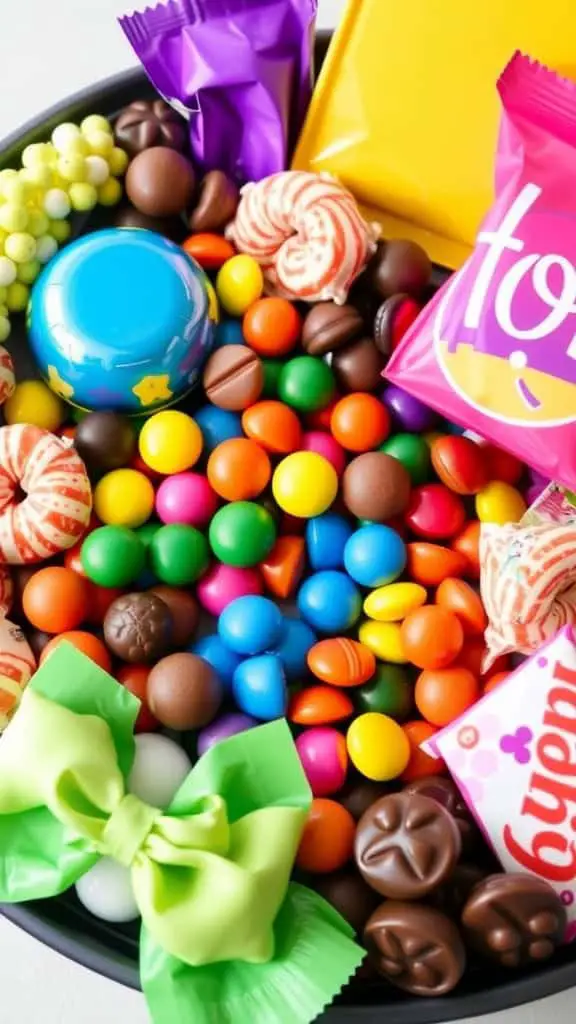 A colorful candy snack platter filled with various candies, including chocolates, gummies, and lollipops, arranged beautifully.