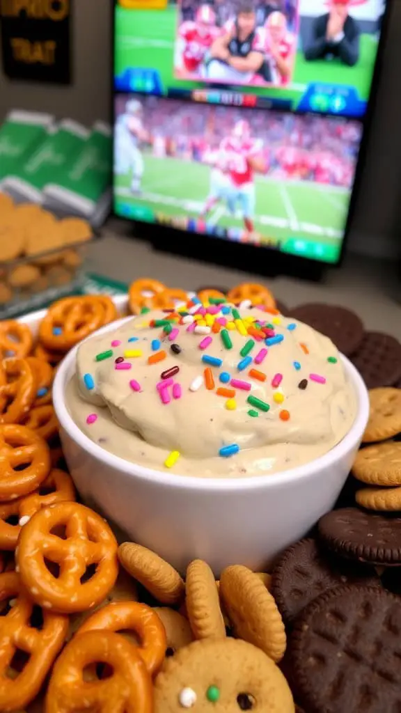 A creamy cookie dough dip topped with sprinkles, surrounded by pretzels and cookies, with a football game playing on the TV in the background.