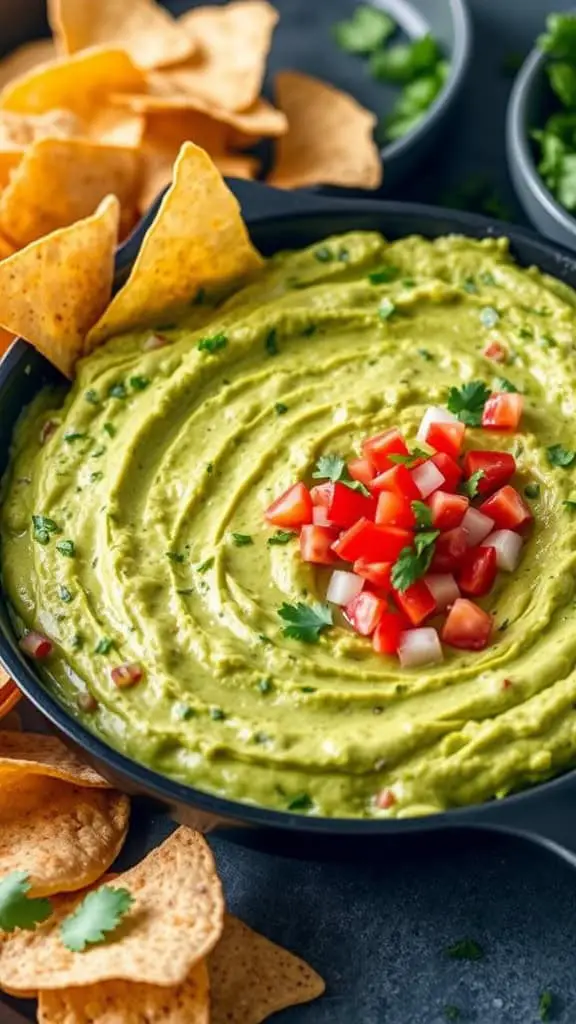 A bowl of guacamole garnished with diced tomatoes and cilantro, surrounded by tortilla chips.