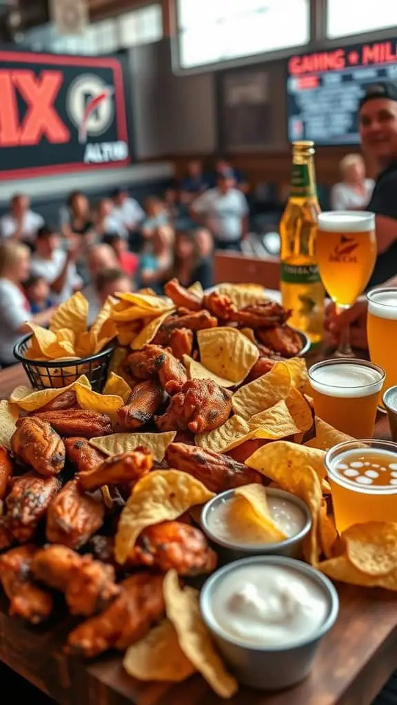 A vibrant game day snack spread featuring wings, chips, and drinks in a lively setting.