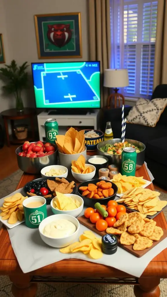 A cozy living room setup featuring a game night grazing table with various snacks, chips, fruits, and dips, alongside a TV showing a game.