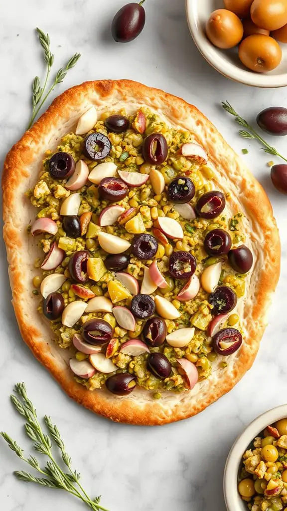 Garlic and olive tapenade flatbread topped with olives and garlic, served with olives on the side.