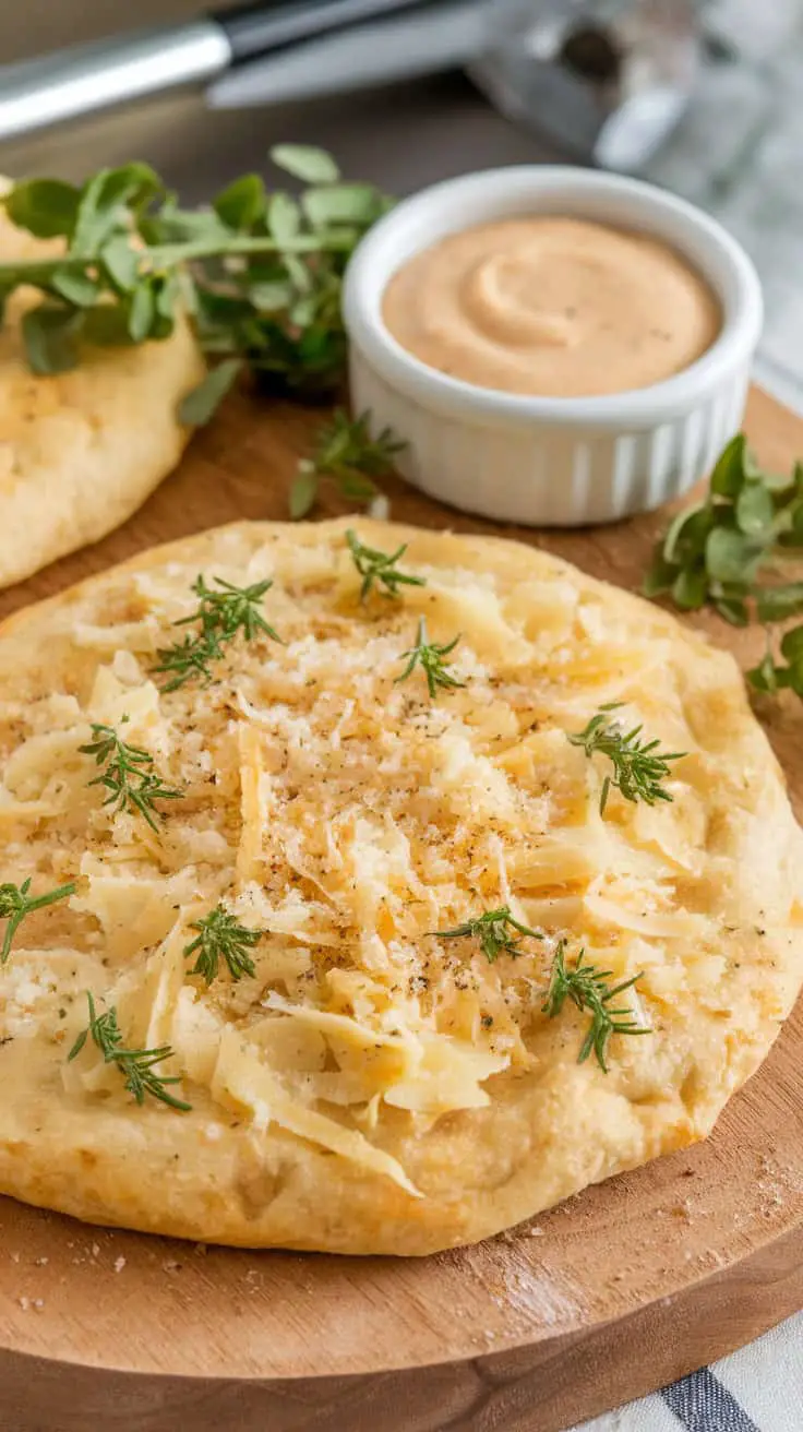 Garlic Parmesan Cottage Cheese Flatbread with herbs and a dip