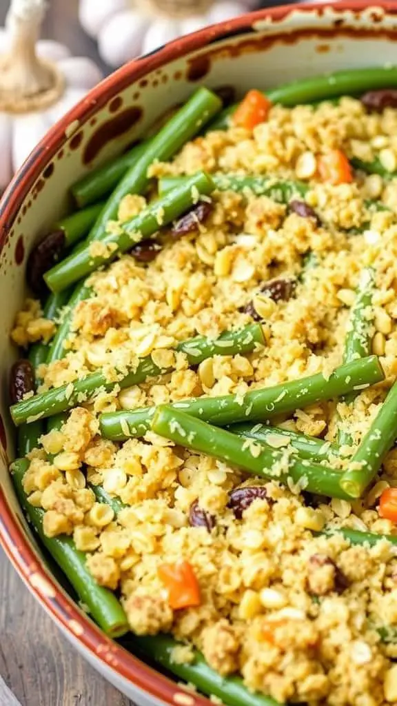 A dish of Garlic Parmesan Green Bean Bake with green beans and a crumbly topping