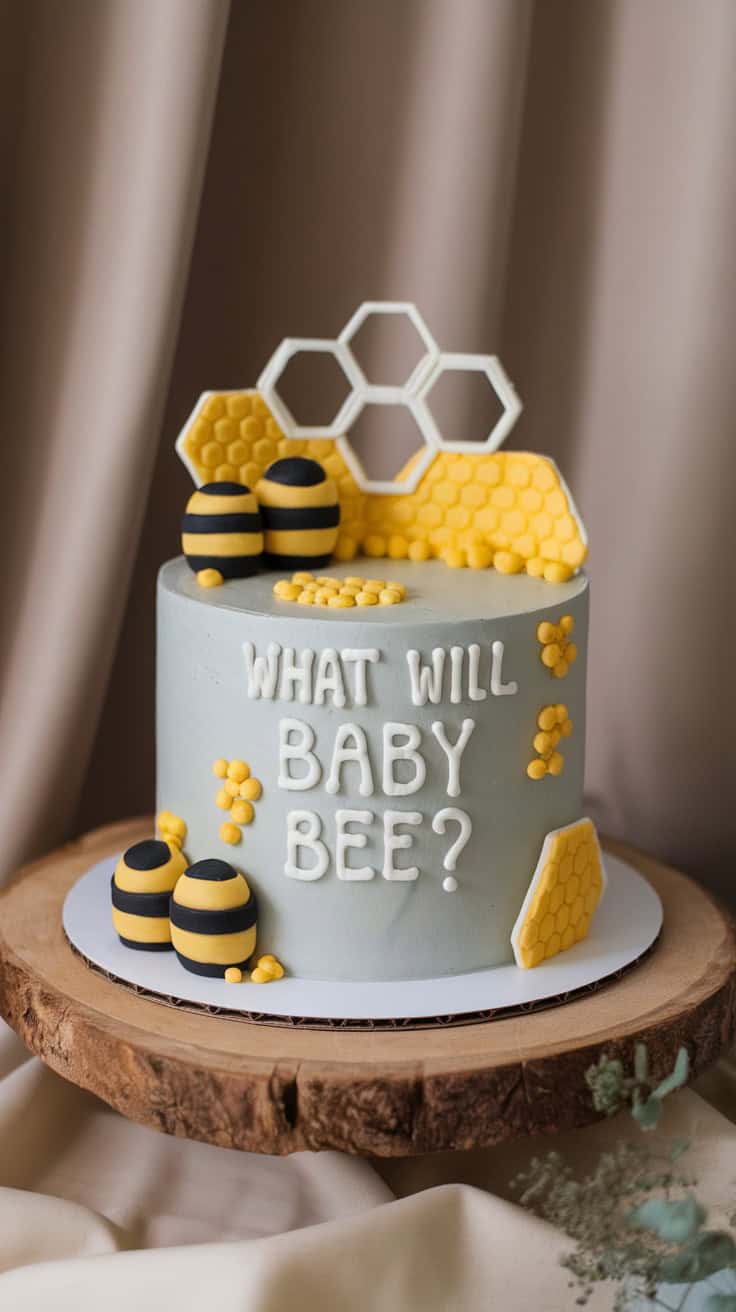 A decorative cake with blue frosting featuring the text 'What Will Baby Bee?', adorned with bee and honeycomb decorations.