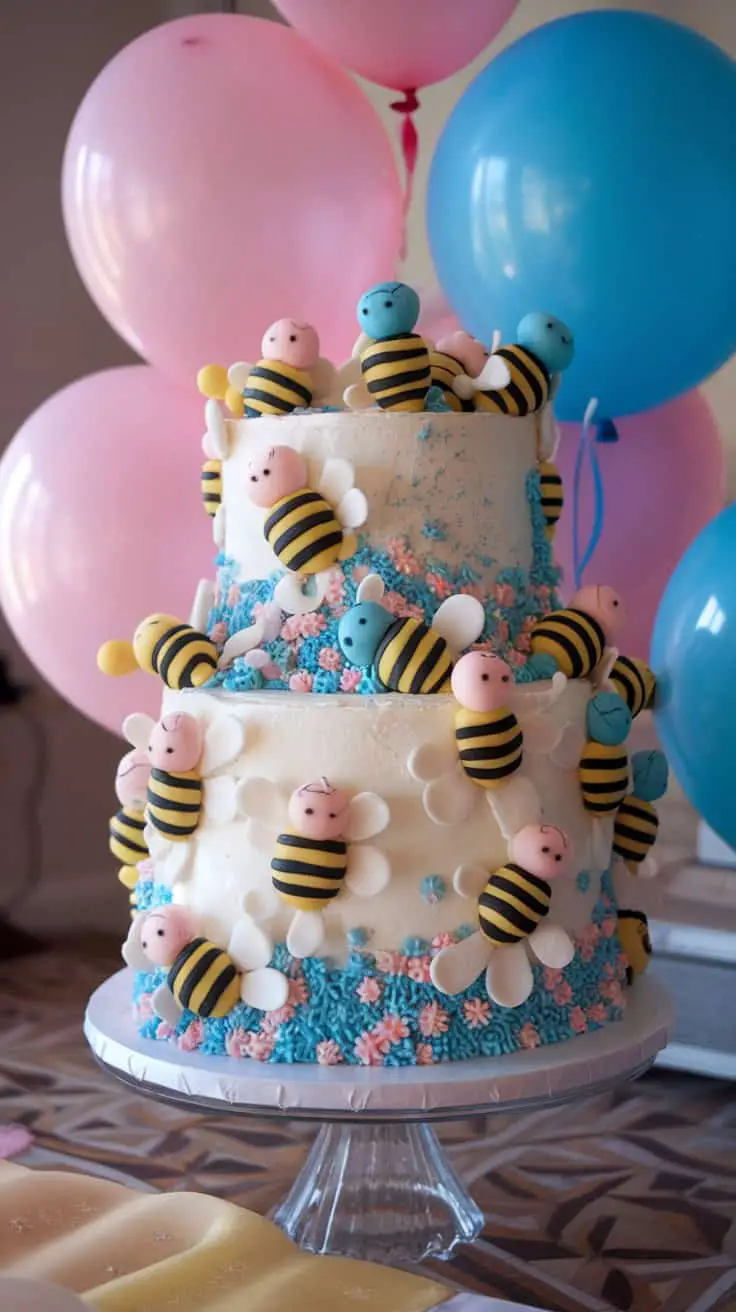 A two-tiered bee-themed gender reveal cake with blue and pink balloons in the background.