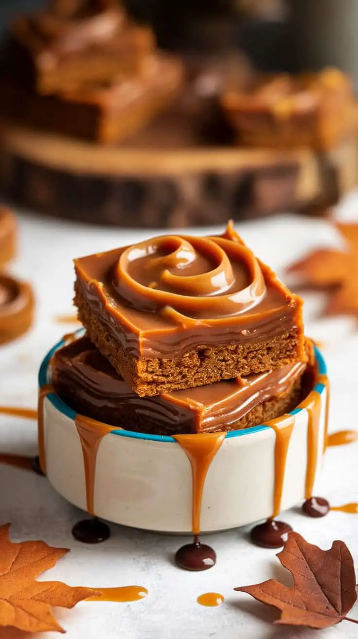 Gingerbread cookie bars with caramel swirl on a white plate, drizzled with caramel sauce and surrounded by autumn leaves