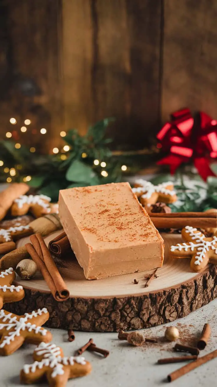 Block of gingerbread flavored nougat surrounded by gingerbread cookies and festive decorations