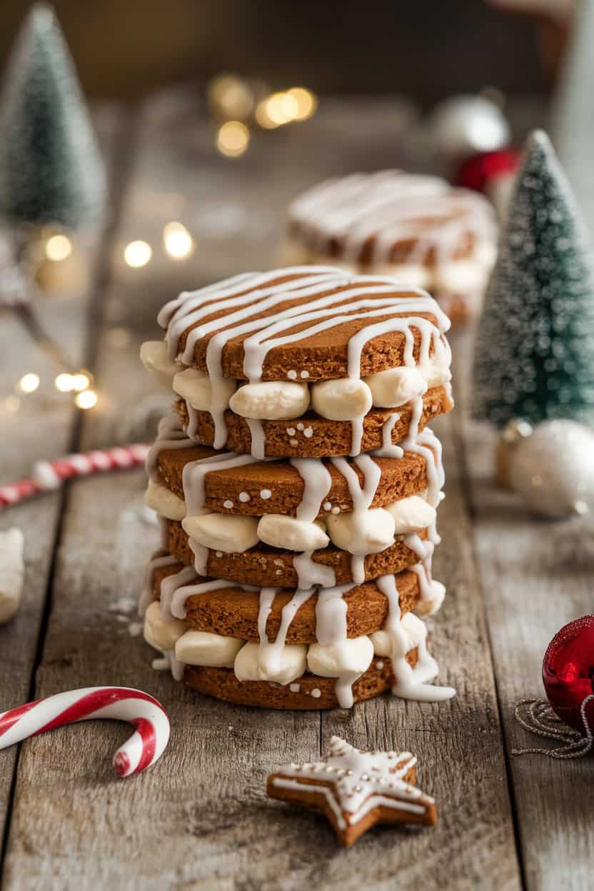 Stack of gingerbread marshmallow sandwiches drizzled with white icing, surrounded by festive decorations.