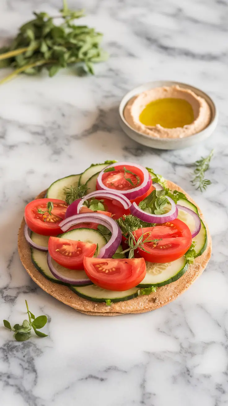 A gluten-free almond flour flatbread topped with sliced tomatoes, cucumbers, and onions, served with a side of hummus and olive oil.