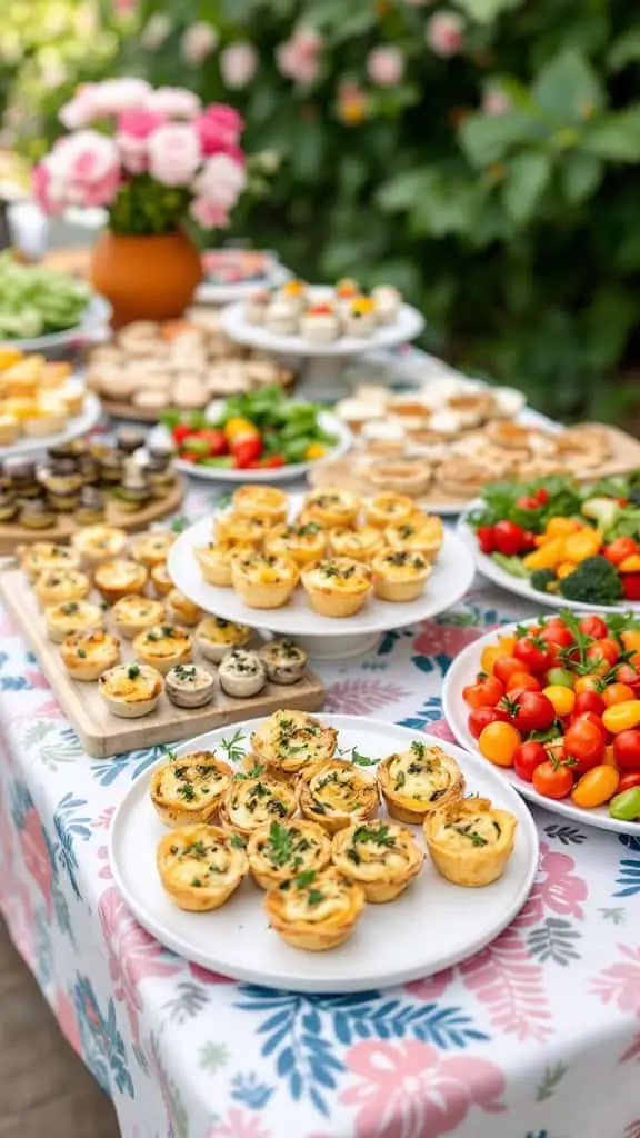 A table with a variety of gluten-free baby shower appetizers, including mini quiches, vegetables, and fruit.