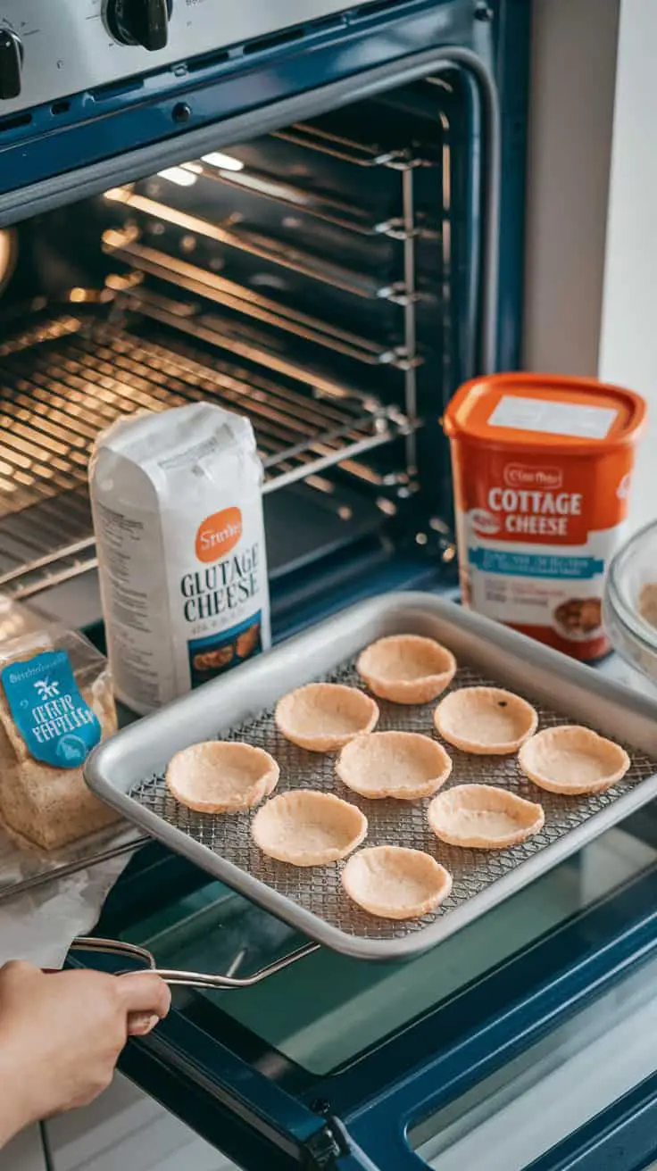 Baking tray with gluten-free cottage cheese chips in an oven setup, surrounded by ingredients like gluten-free flour and cottage cheese.