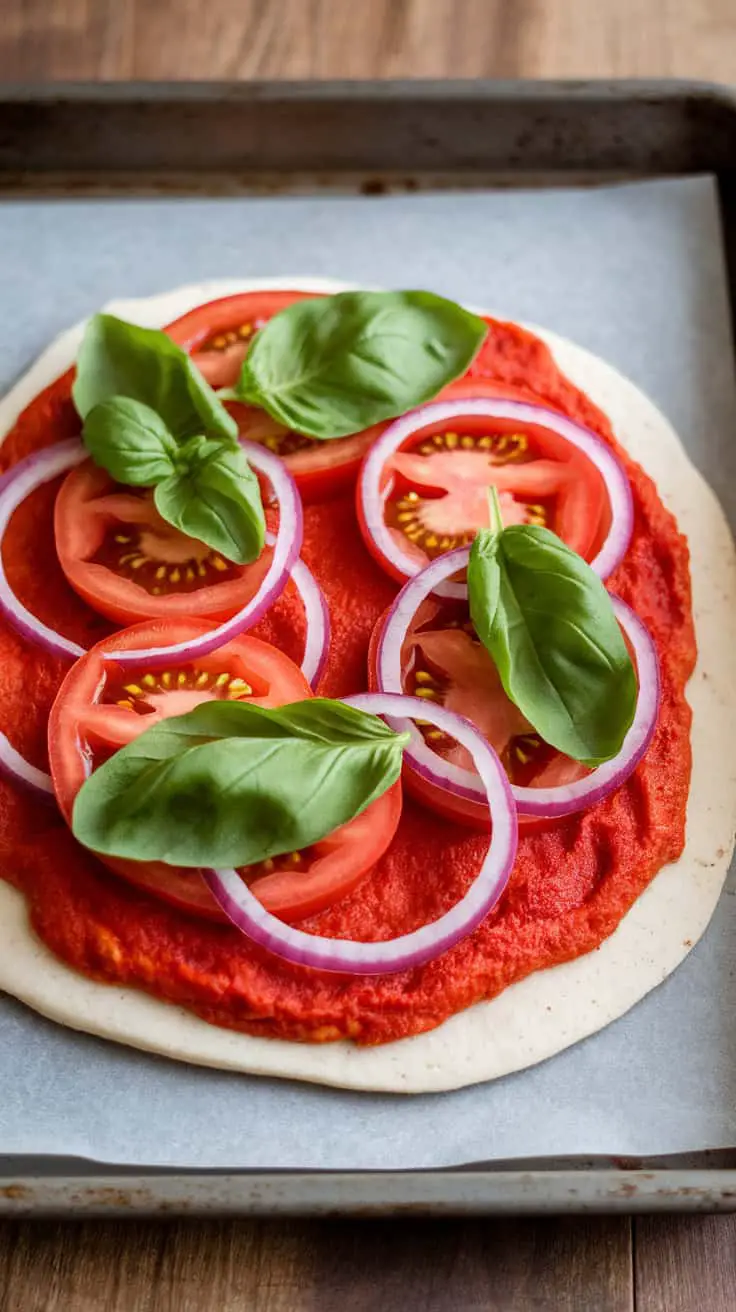 Gluten-free pizza base topped with tomato sauce, sliced tomatoes, and fresh basil