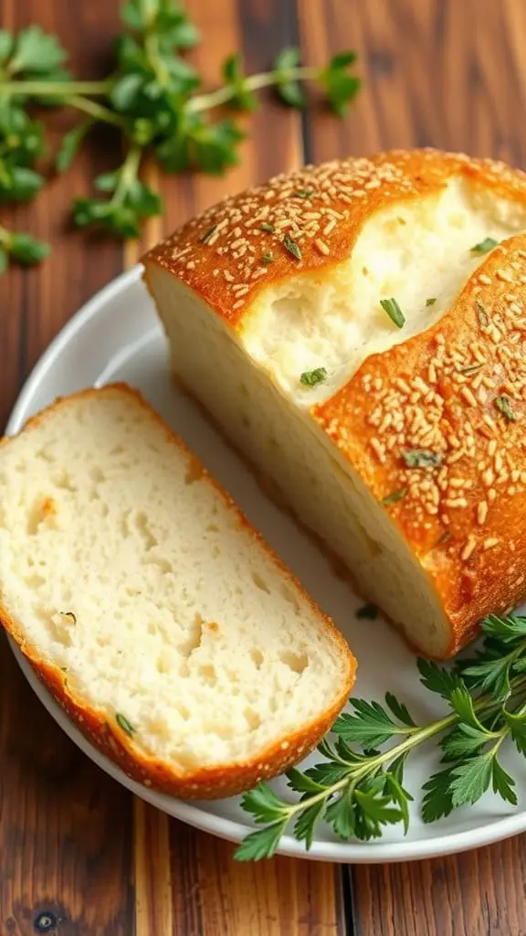 A loaf of gluten-free Dutch oven bread, sliced and garnished with fresh parsley.