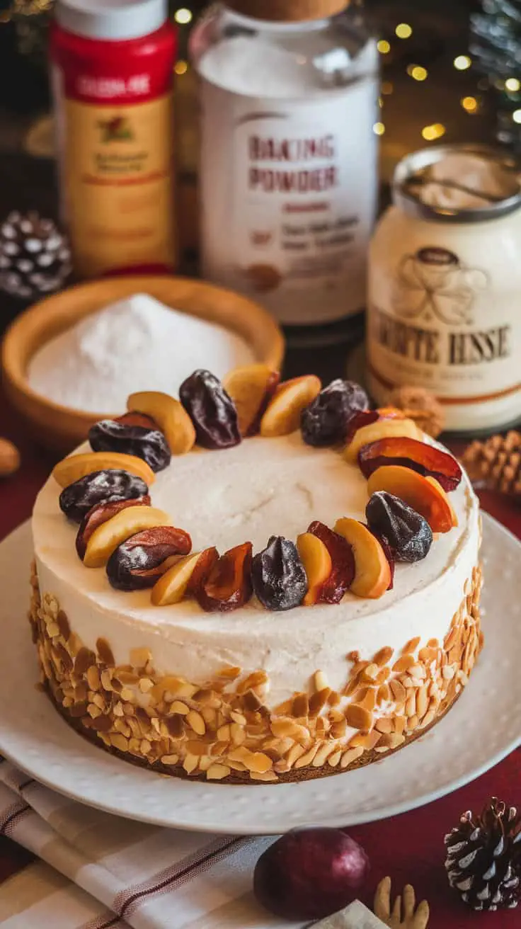 A beautifully decorated gluten-free eggless Christmas plum cake topped with dried fruits and nuts.