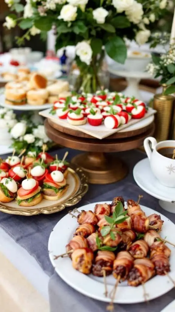 A beautifully arranged table with gluten-free finger foods for a baby shower, featuring skewers, colorful vegetable bites, and a floral centerpiece.