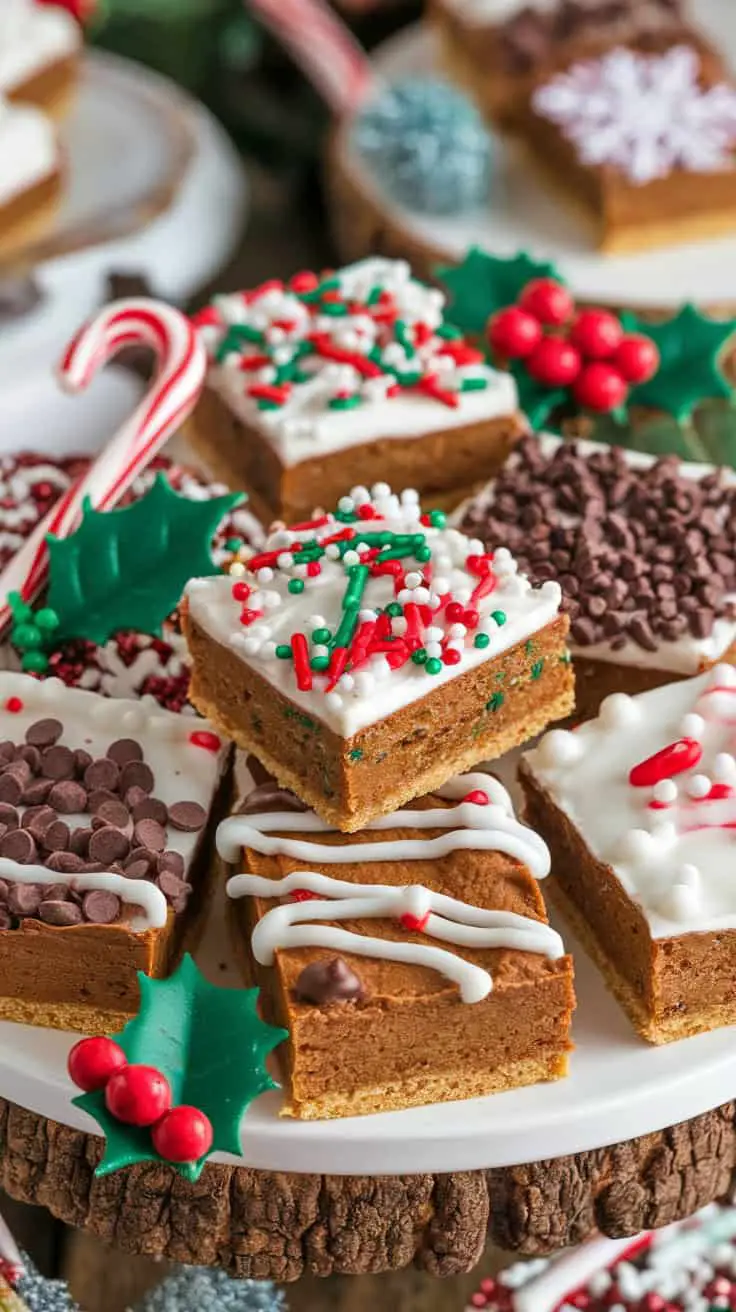 A plate of decorated gluten-free gingerbread cookie bars with festive toppings.